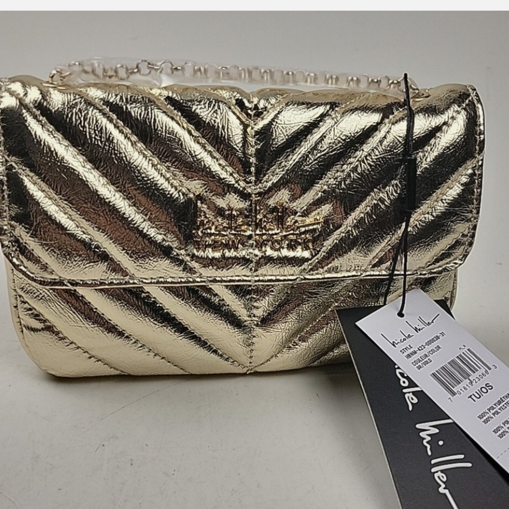 NWT Nicole Miller Quilted Shoulder Bag Gold Crossbody Purse Chain Strap
